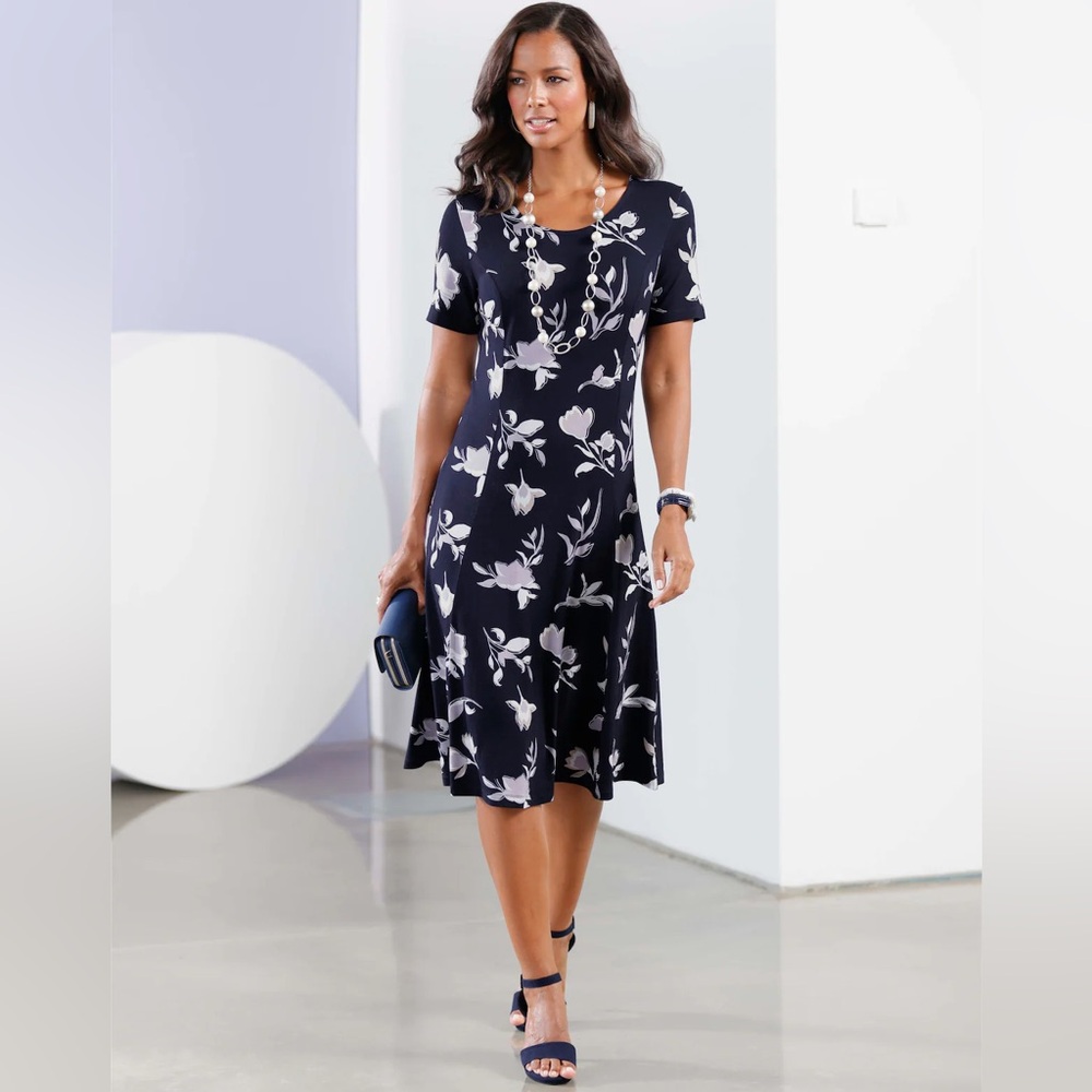 Fair Lady Floral Jersey V-Neck Flowing A-Line Midi Dress Size 6 Petite